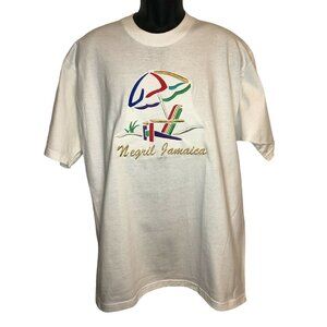 Negril Jamaica Embroidered Graphic Tee White T-Shirt Size Large Vintage 90s